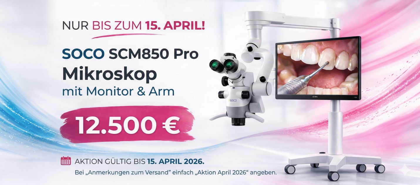 SOCO SCM850 Pro Dentalmikroskop mit 4K-Kamerasystem, apochromatischer Optik und variabler Arbeitsdistanz von 195 mm bis 450 mm.