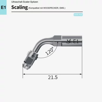 VRN E1 Ultraschall‑Scaler Spitze – Endodontisch, 120°‑Halterung, kompatibel mit Woodpecker® & EMS®