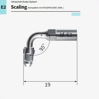 VRN E2 Ultraschall‑Scaler Spitze – Endodontisch, 95°‑Halterung, kompatibel mit Woodpecker® & EMS®